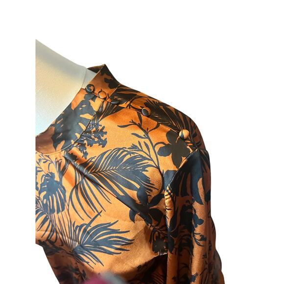 Future Collective Satin Mock Neck Midi Dress XL Brown Tropical Print Retro - Picture 7 of 11